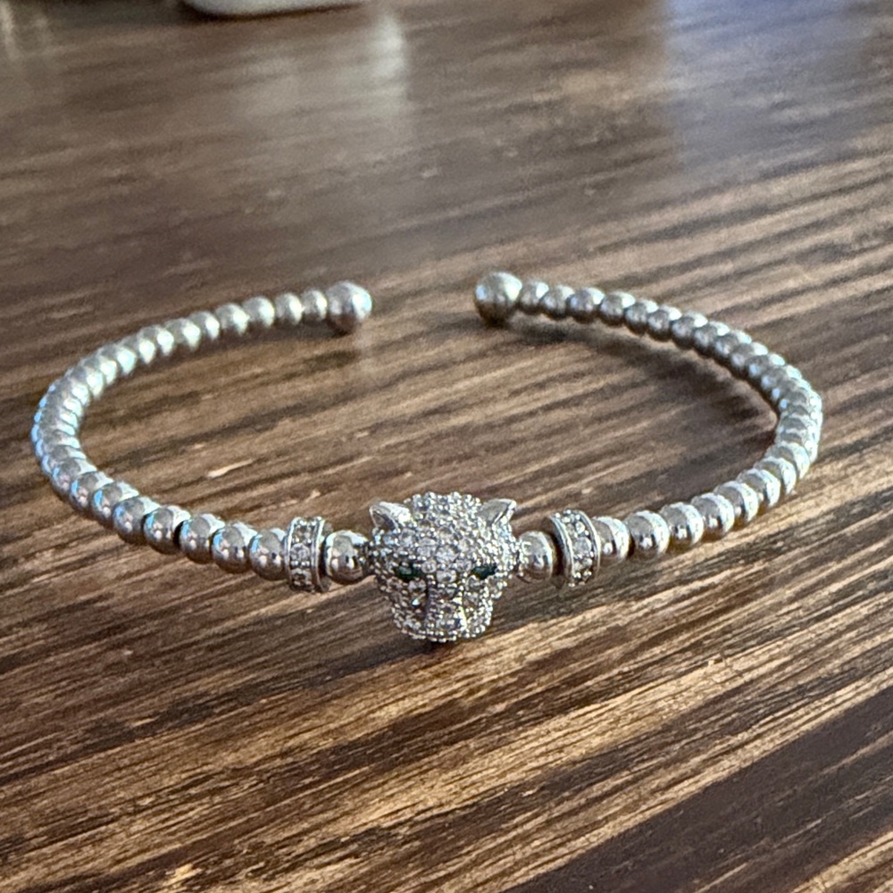 Silver Beaded Panther Head Cuff Bracelet